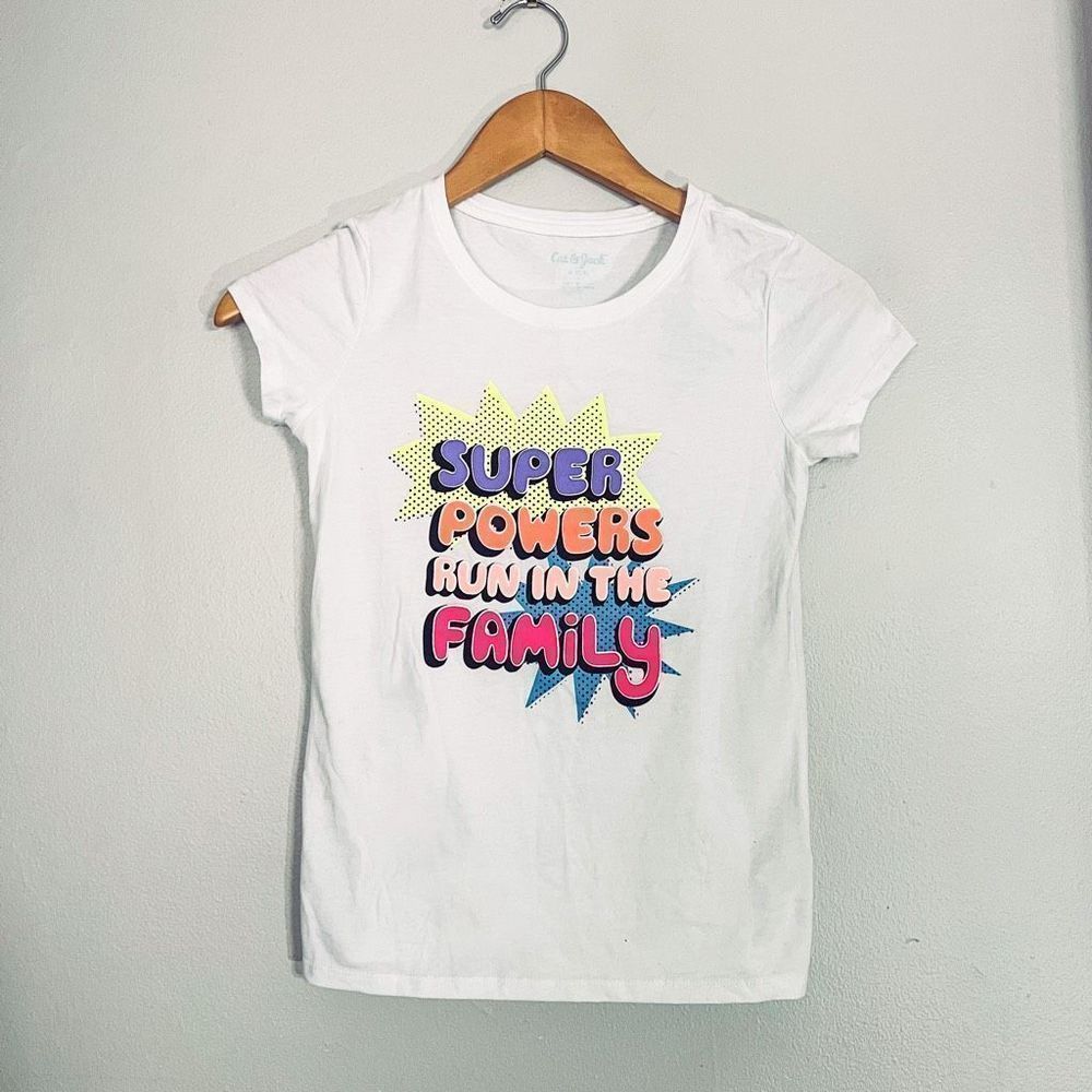 Cat & Jack Girls Super Powers Short Sleeve T-shirt Size Medium (7/8) White